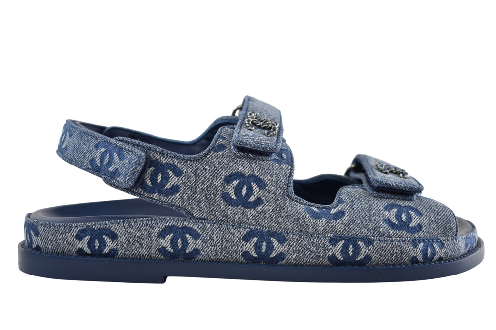 Chanel 25P Blue Denim CC Printed Logo Mule Slide Strap Flat Dad Teva Sandal 39